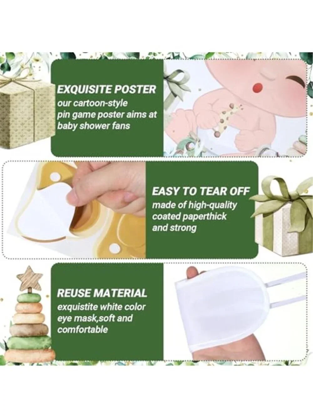 Pin The Pacifier Baby Shower Game Sage Green Poster Stickers Blindfold Set